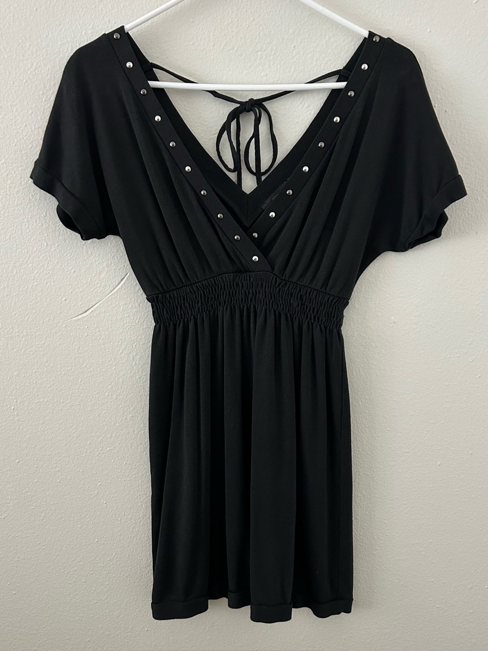 Y2K Express Studded Black Babydoll Mini Dress XS 2000s Vintage V-Neck Neck Pima